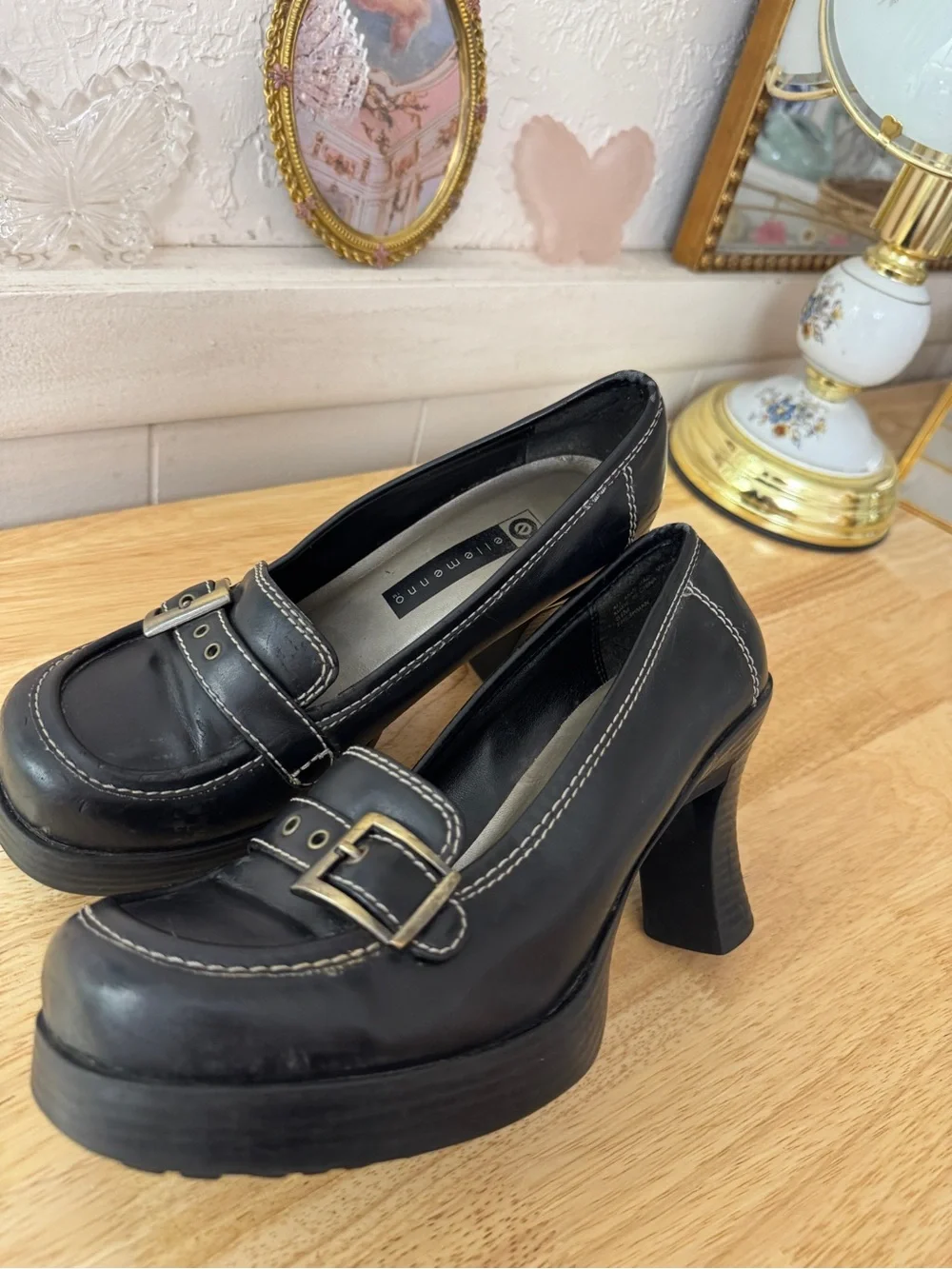 Ellemenno Black Y2K Platform Buckle Loafer Heels Size 8.5 Grunge